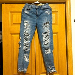 high rise distressed jeans